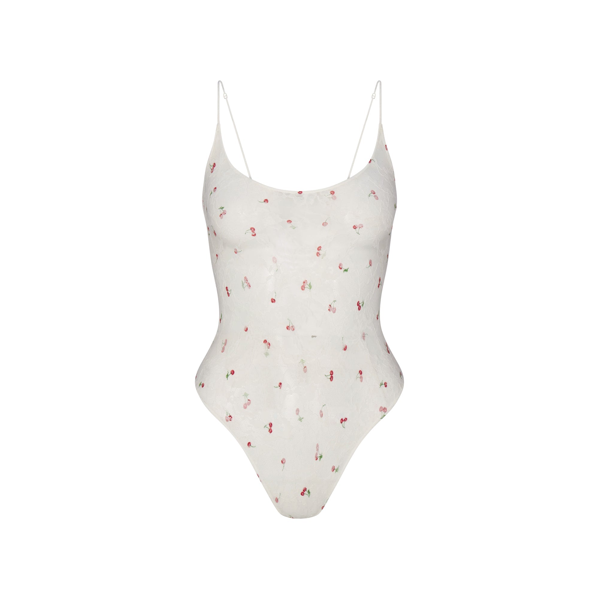 STRETCH LACE THONG BODYSUIT | IVORY CHERRY PRINT FLAT ON A WHITE BACKGROUND | FLT