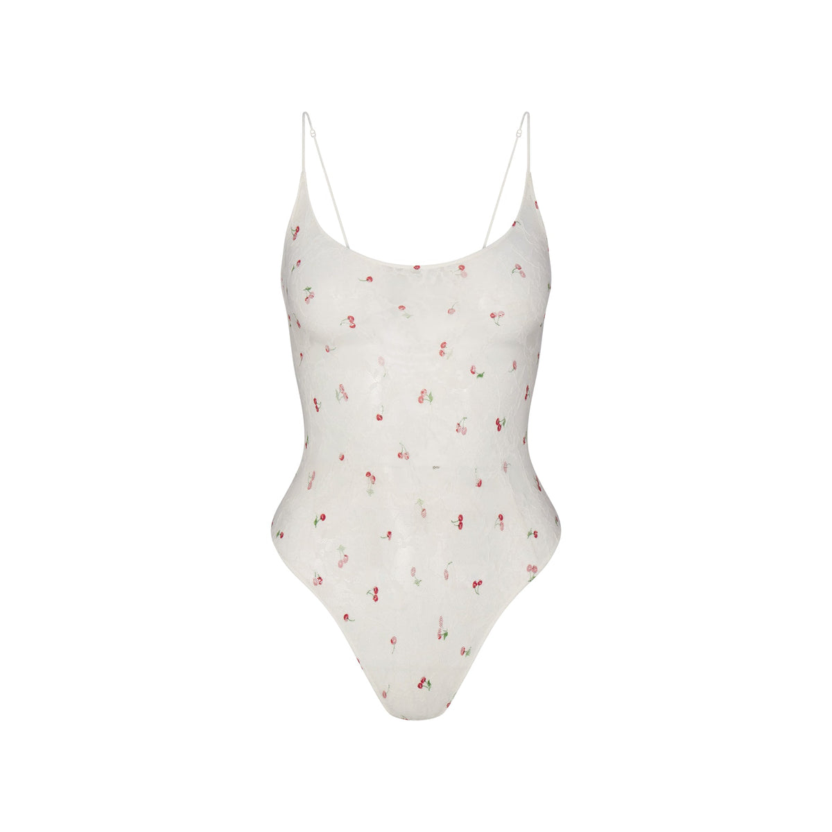 STRETCH LACE THONG BODYSUIT | IVORY CHERRY PRINT FLAT ON A WHITE BACKGROUND | FLT