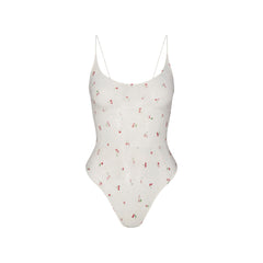 STRETCH LACE THONG BODYSUIT | IVORY CHERRY PRINT FLAT ON A WHITE BACKGROUND | FLT