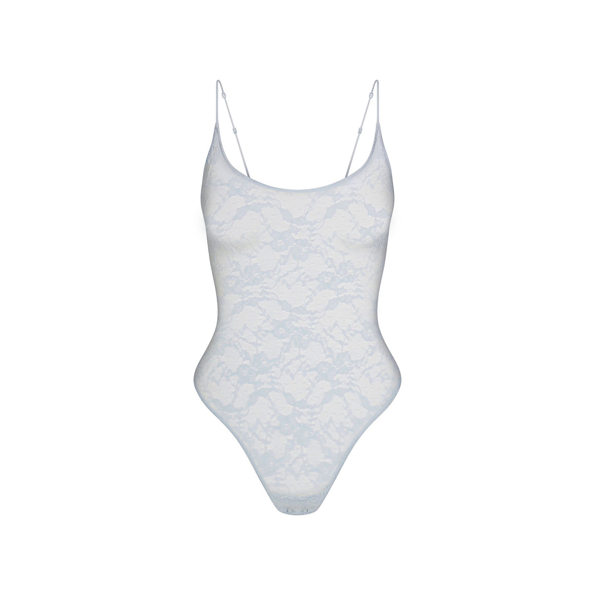 STRETCH LACE SCOOP NECK BODYSUIT | POWDER BLUE FLAT ON A WHITE BACKGROUND