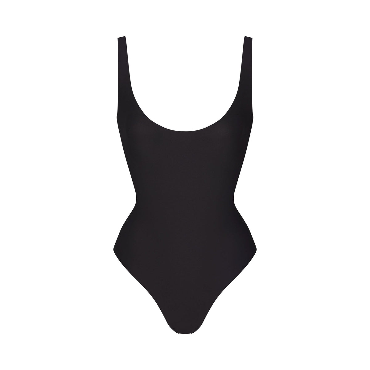SKIMS BODY SCOOP LOW BACK THONG BODYSUIT | ONYX FLAT ON A WHITE BACKGROUND | FLT