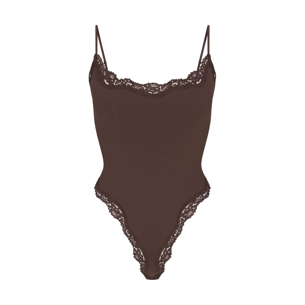 FITS EVERYBODY LACE CAMI BODYSUIT | ESPRESSO FLAT ON A WHITE BACKGROUND | FLT