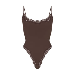 FITS EVERYBODY LACE CAMI BODYSUIT | ESPRESSO FLAT ON A WHITE BACKGROUND | FLT