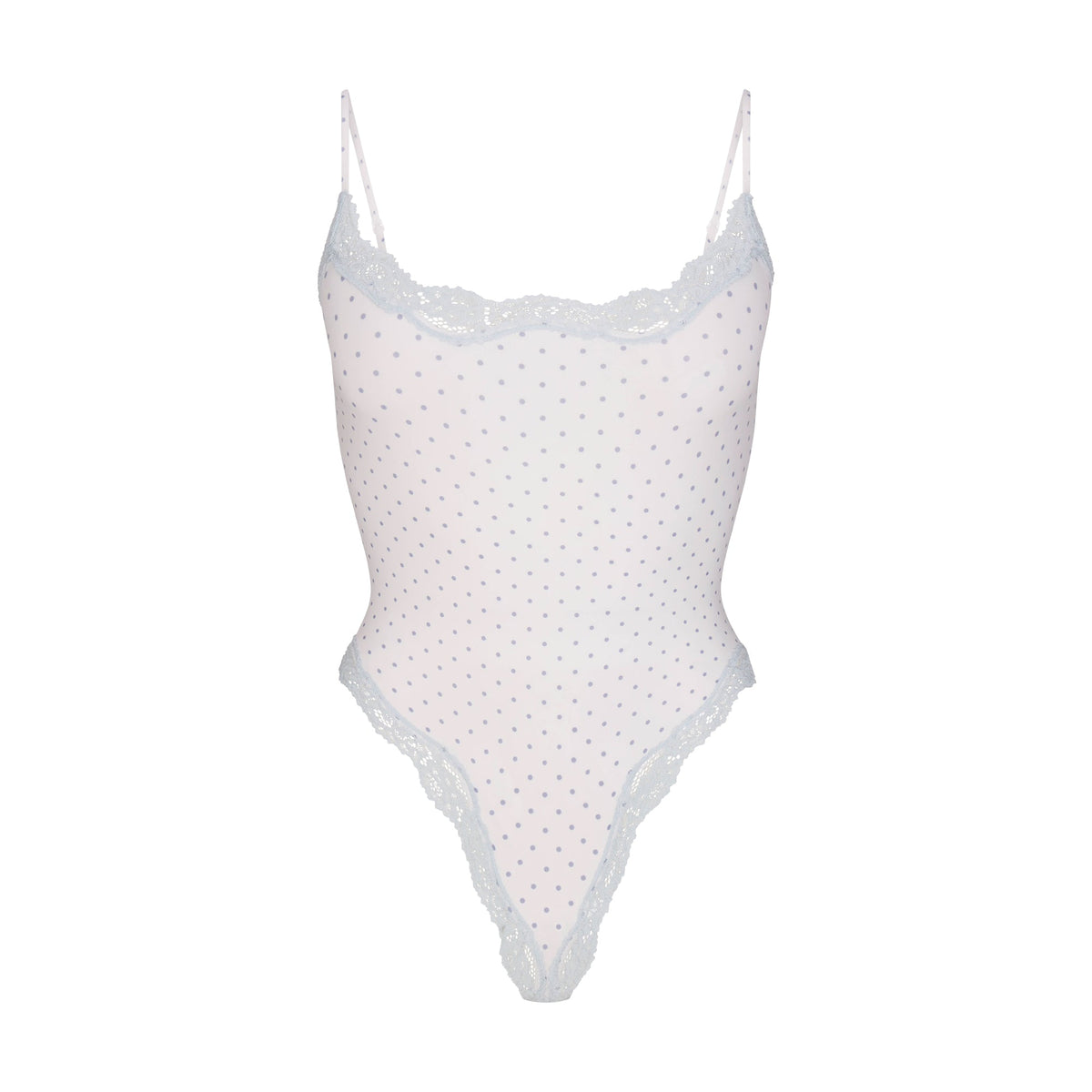 FITS EVERYBODY LACE CAMI BODYSUIT | SLATE PIN DOT PRINT FLAT ON A WHITE BACKGROUND | FLT