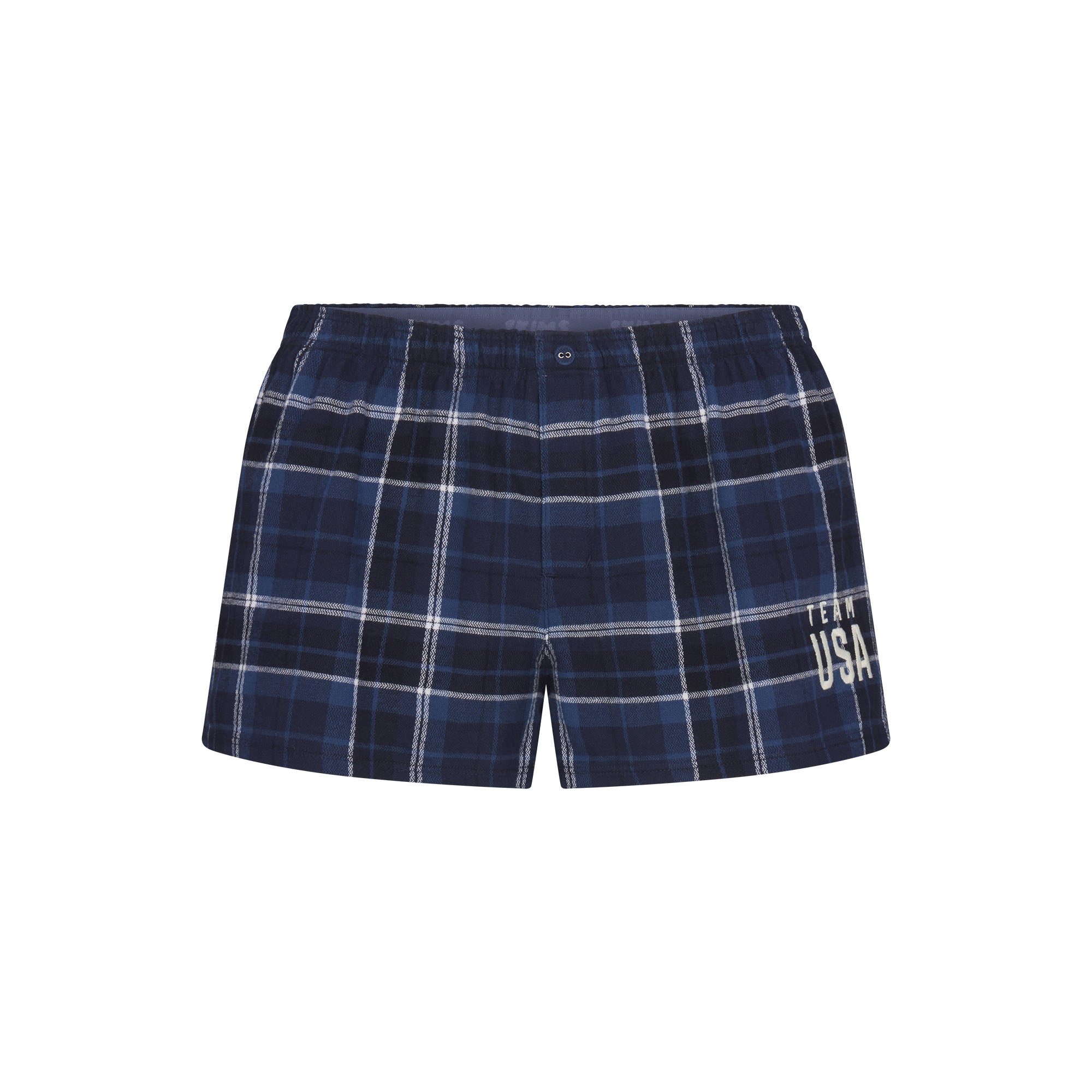 SKIMS FOR TEAM USA FLANNEL SLEEP OLYMPIC SHORT | NAVY PLAIDFLAT ON A WHITE BACKGROUND | FLT