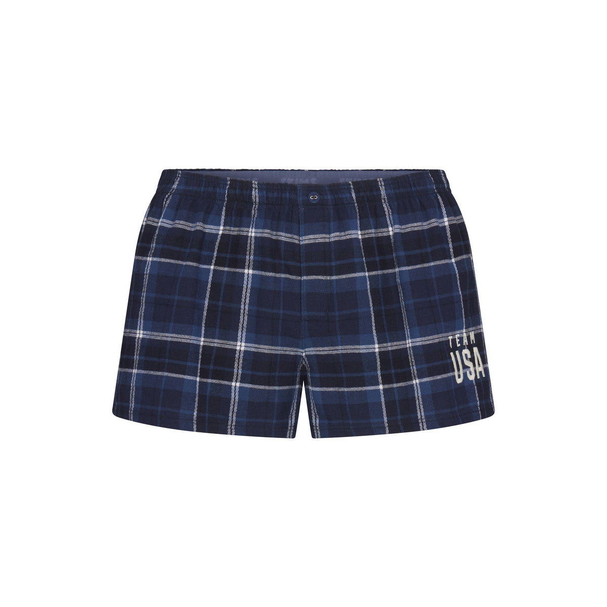 SKIMS FOR TEAM USA FLANNEL SLEEP OLYMPIC SHORT | NAVY PLAIDFLAT ON A WHITE BACKGROUND | FLT