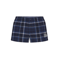 SKIMS FOR TEAM USA FLANNEL SLEEP OLYMPIC SHORT | NAVY PLAIDFLAT ON A WHITE BACKGROUND | FLT