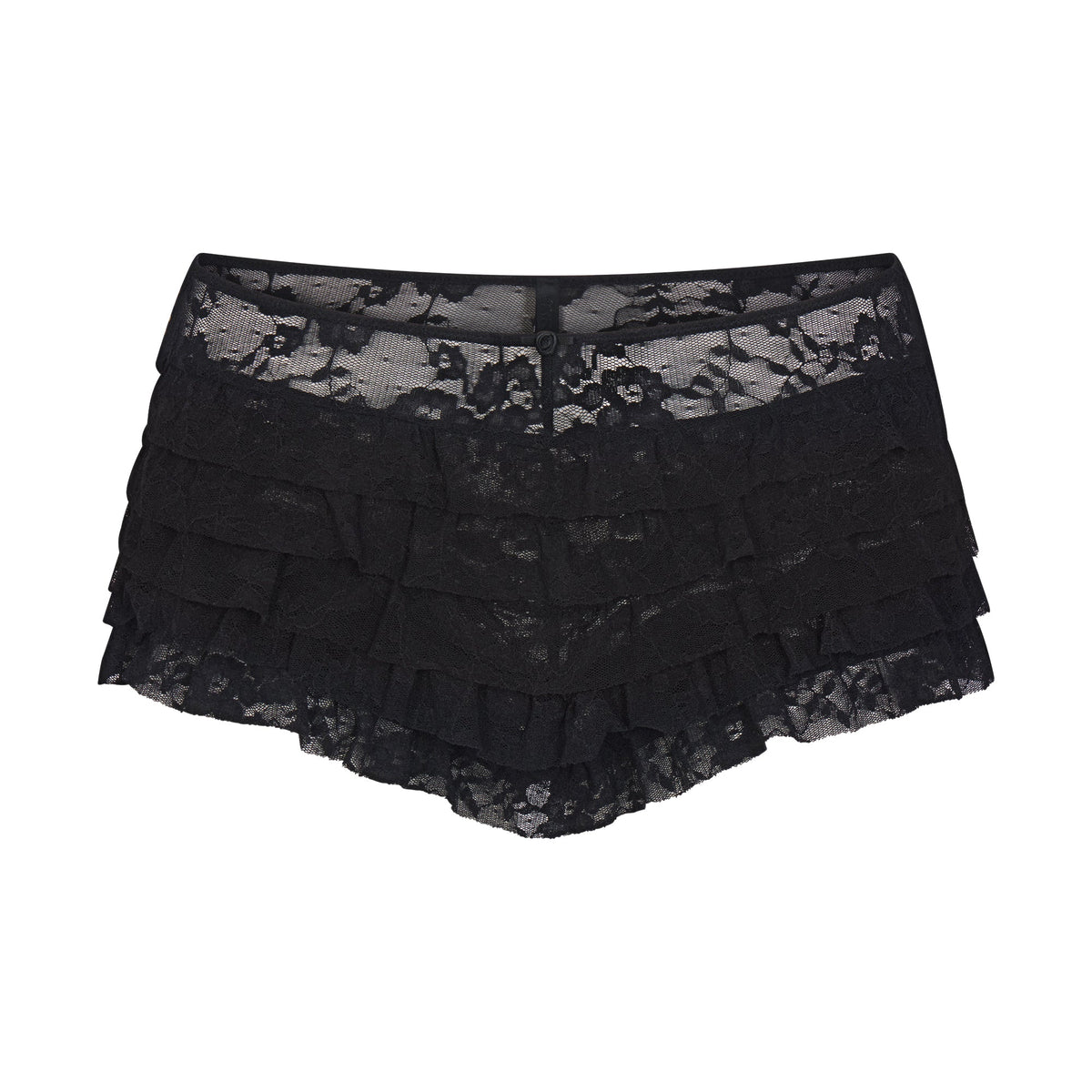 STRETCH LACE RUFFLE SHORT | SOOT FLAT ON A WHITE BACKGROUND | FLT