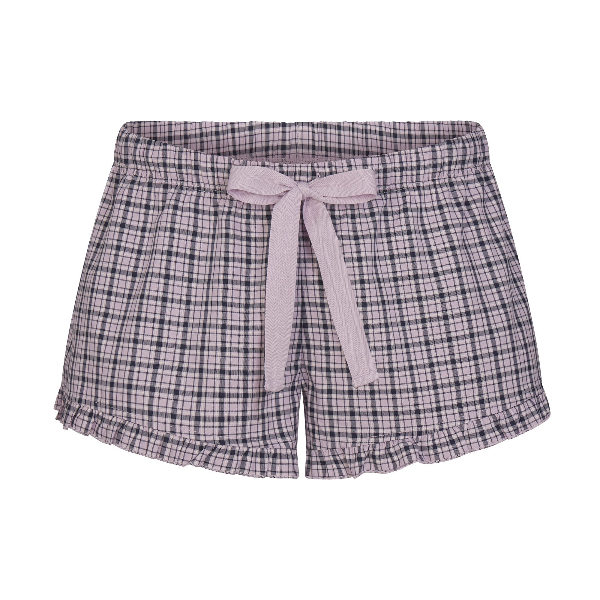 COTTON POPLIN SLEEP RUFFLE SHORT | IRIS MICA NAVY CHECK & LAYS FLAT ON A WHITE BACKGROUND | FLT