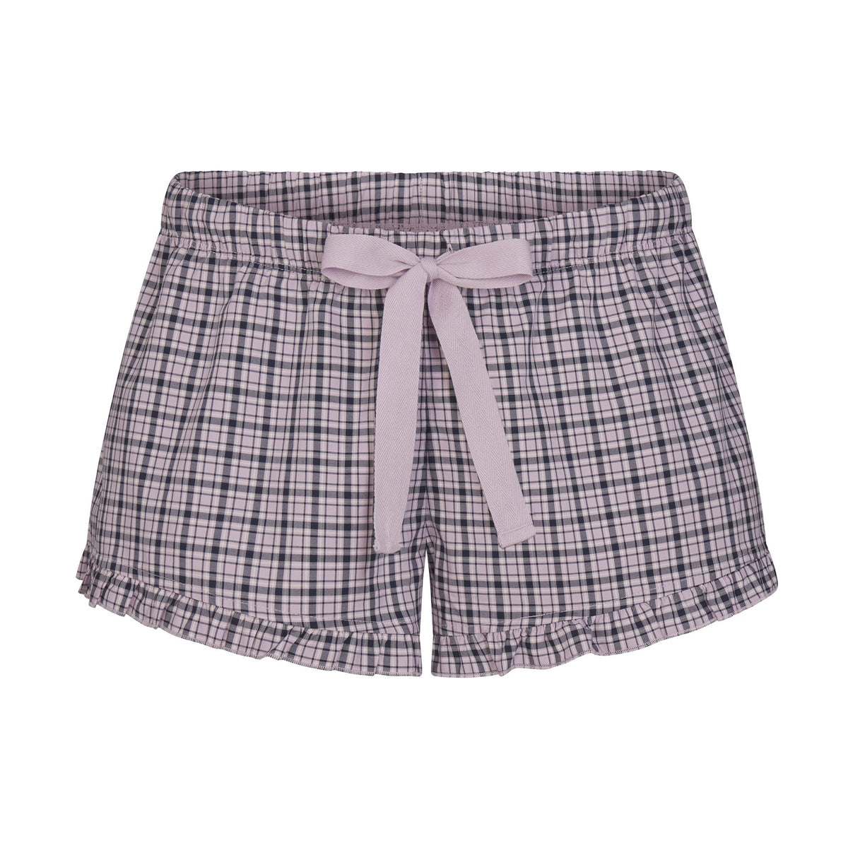 COTTON POPLIN SLEEP RUFFLE SHORT | IRIS MICA NAVY CHECK & LAYS FLAT ON A WHITE BACKGROUND | FLT