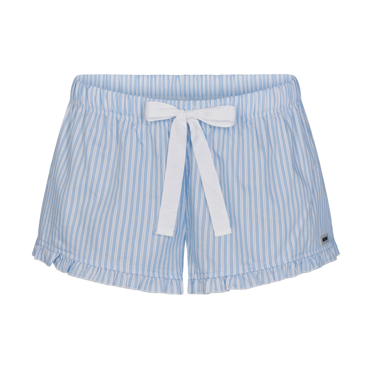 COTTON POPLIN SLEEP RUFFLE SHORT | MARINA MESH STRIPE & LAYS FLAT ON A WHITE BACKGROUND | FLT