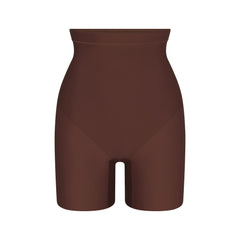 SKIMS BODY CORE SCULPT MID RISE SHORT | COCOA FLAT ON A WHITE BACKGROUND | FLT | FLT