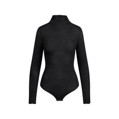SHEER MODAL LONG SLEEVE TURTLENECK BODYSUIT | ONYX FLAT ON A WHITE BACKGROUND | FLT