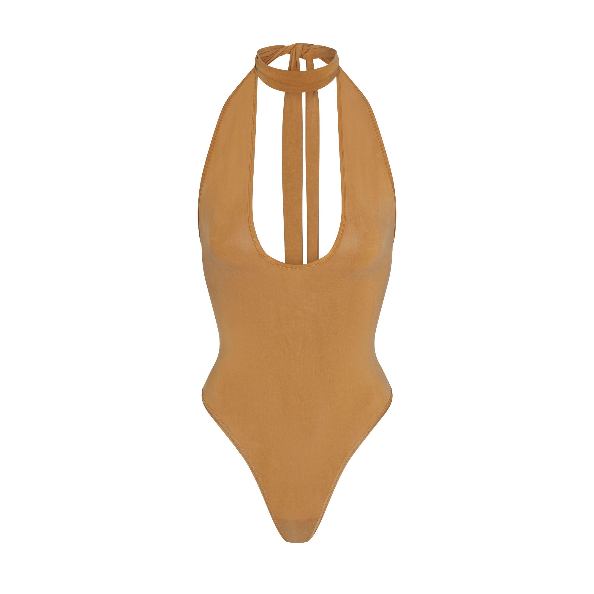 CUPRO JERSEY HALTER BODYSUIT | ALMOND FLAT ON A WHITE BACKGROUND | FLT