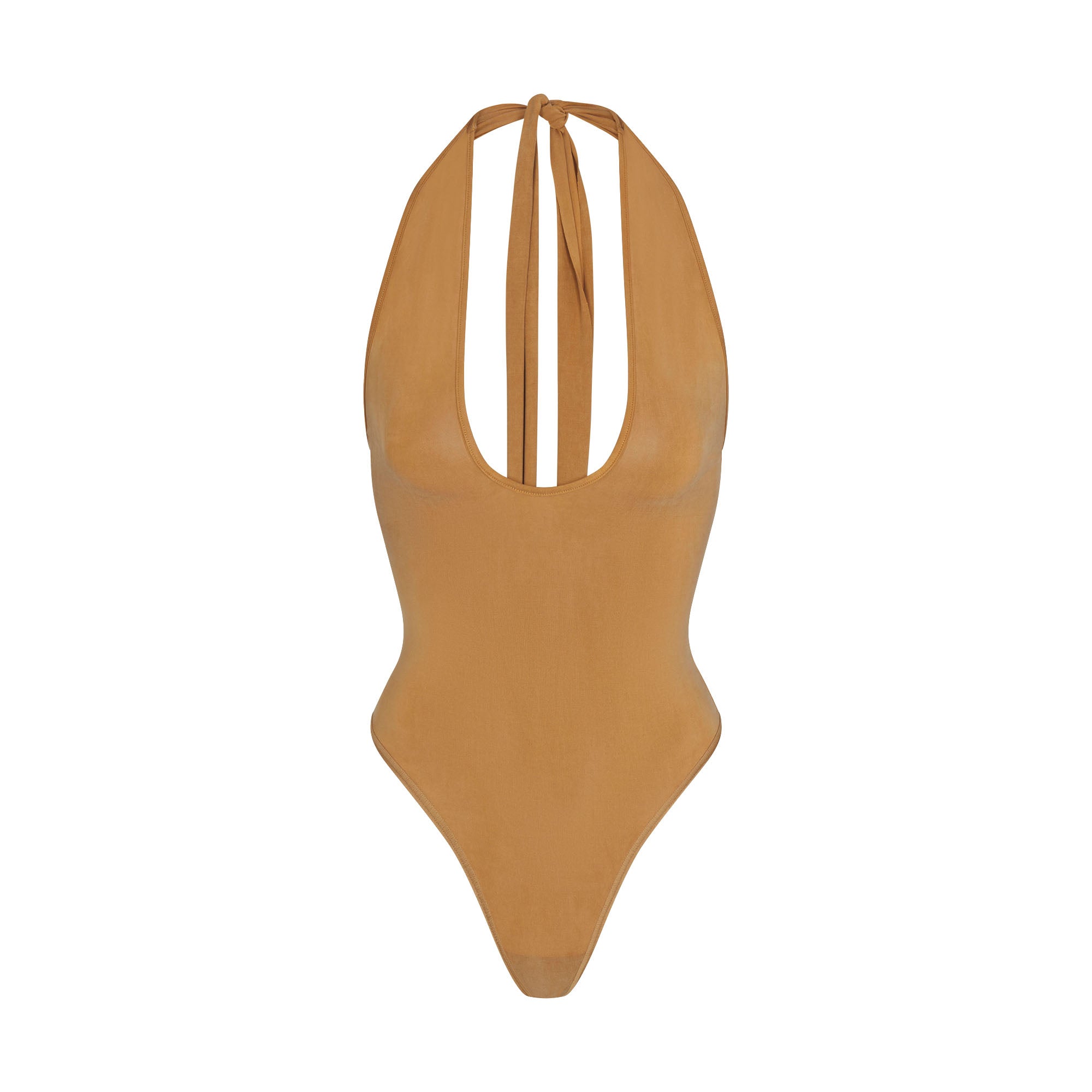 CUPRO JERSEY HALTER BODYSUIT | ALMOND FLAT ON A WHITE BACKGROUND | FLT