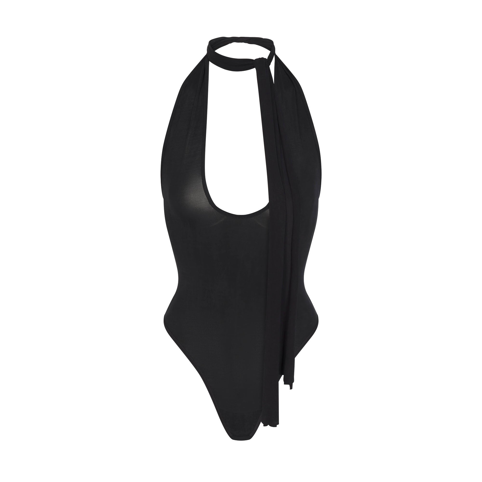 CUPRO JERSEY HALTER BODYSUIT | OBSIDIAN FLAT ON A WHITE BACKGROUND | FLT