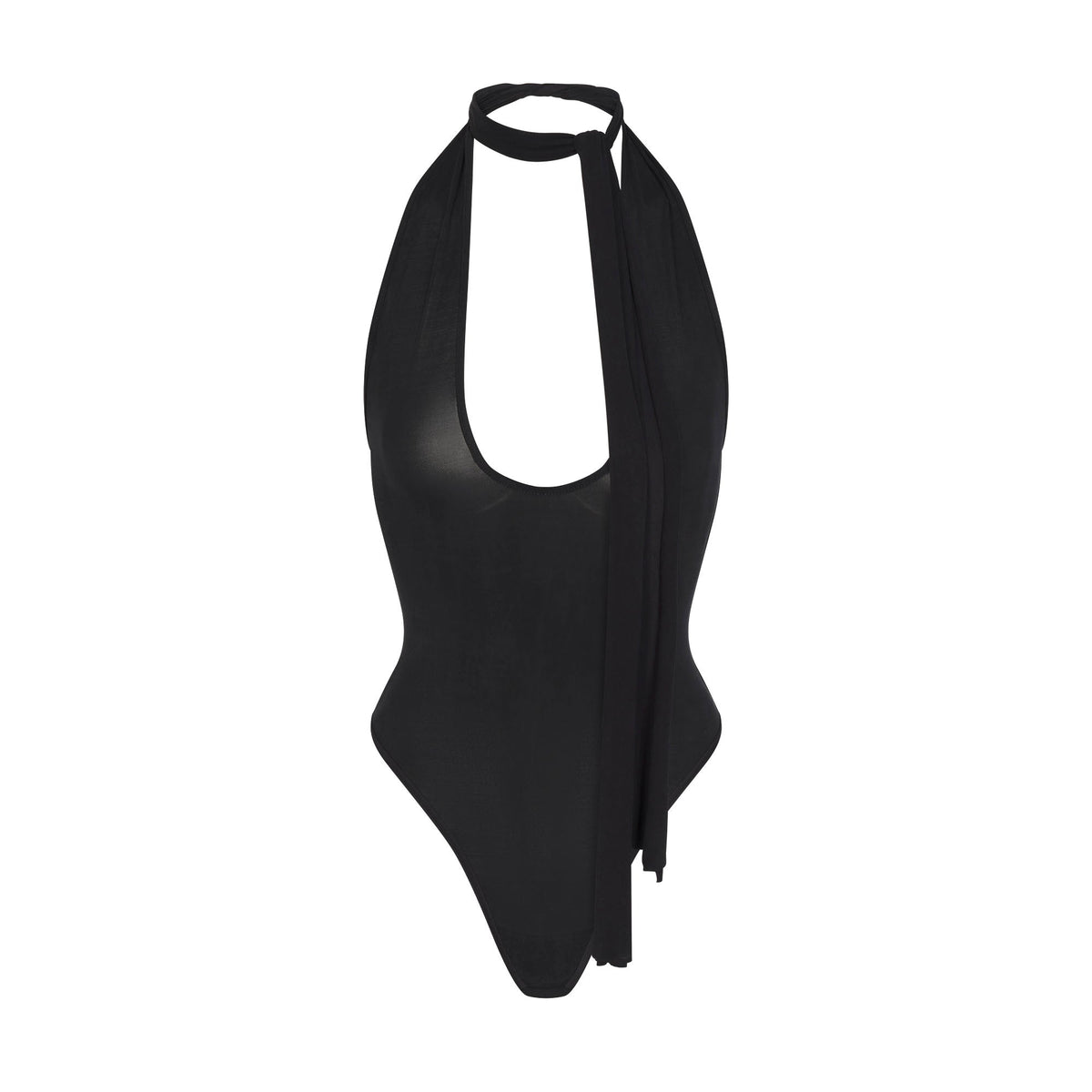 CUPRO JERSEY HALTER BODYSUIT | OBSIDIAN FLAT ON A WHITE BACKGROUND | FLT