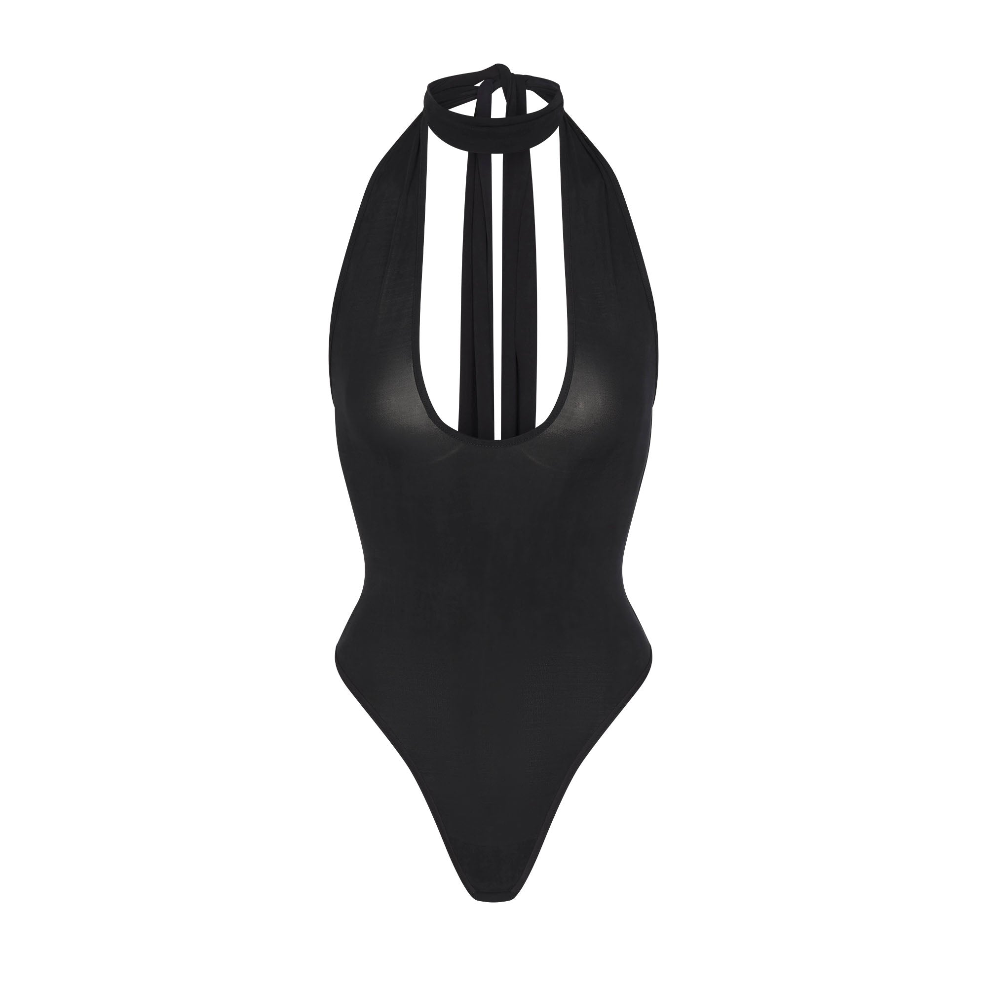 CUPRO JERSEY HALTER BODYSUIT | OBSIDIAN FLAT ON A WHITE BACKGROUND | FLT