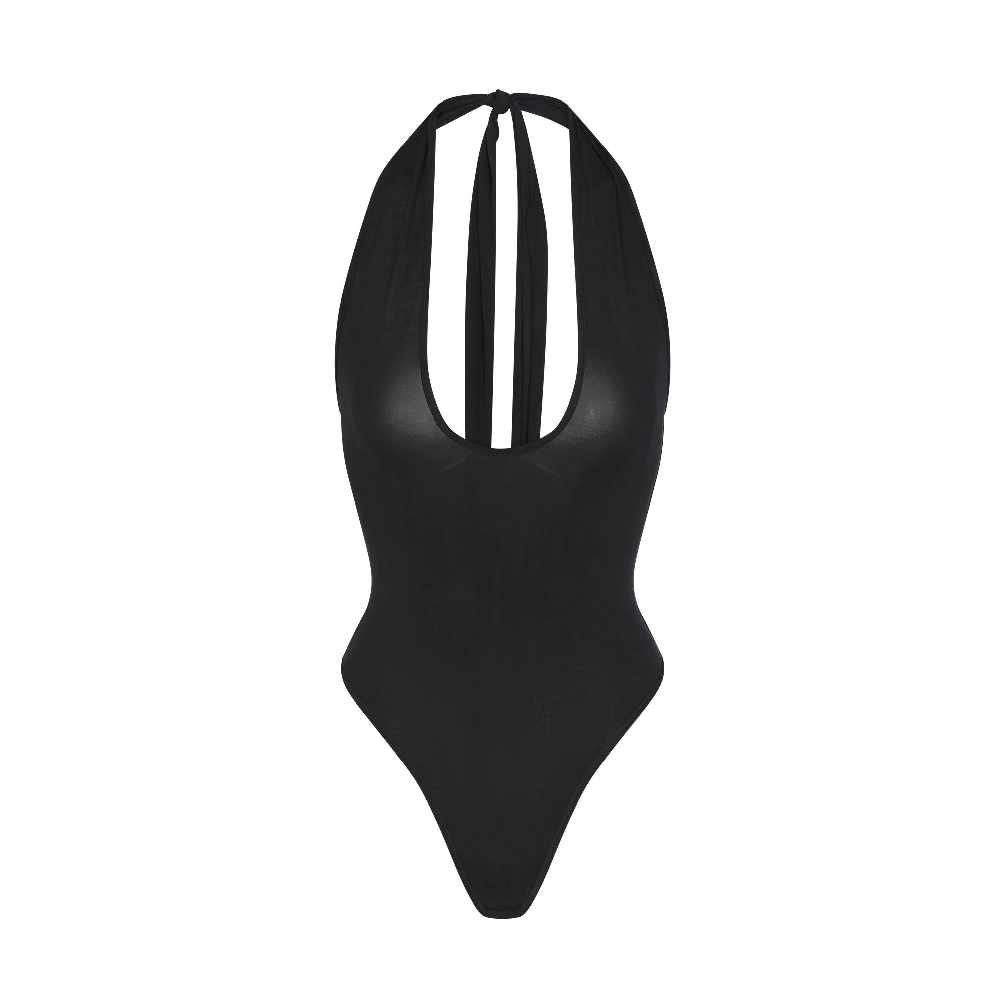 CUPRO JERSEY HALTER BODYSUIT | OBSIDIAN FLAT ON A WHITE BACKGROUND | FLT