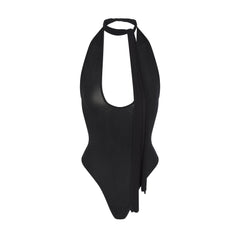 CUPRO JERSEY HALTER BODYSUIT | OBSIDIAN FLAT ON A WHITE BACKGROUND | FLT