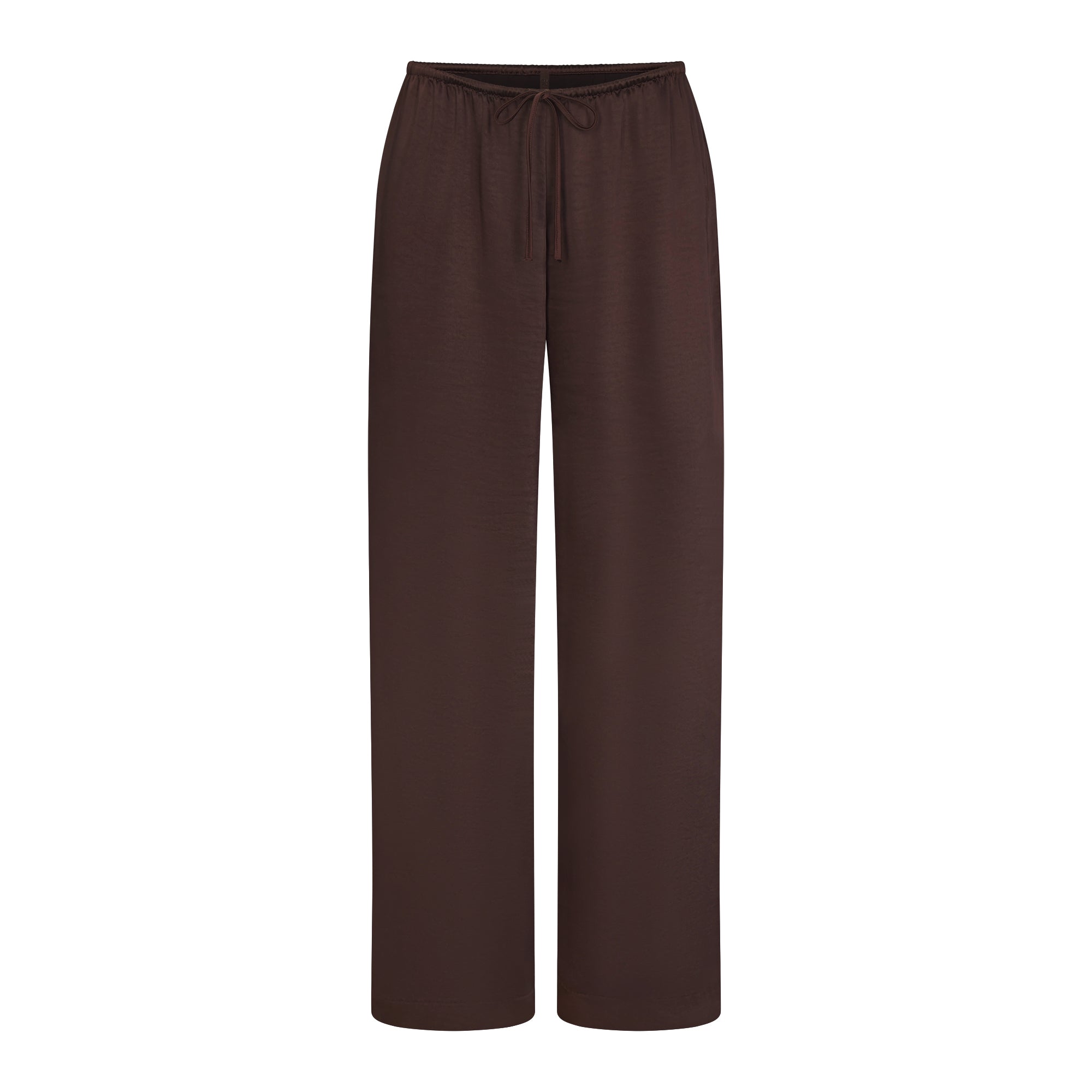 LIGHTWEIGHT SATIN STRAIGHT LEG PANT | ESPRESSO FLAT ON A WHITE BACKGROUND | FLT