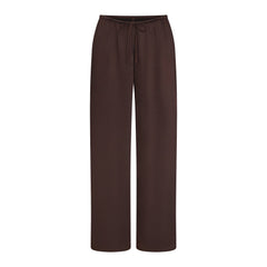 LIGHTWEIGHT SATIN STRAIGHT LEG PANT | ESPRESSO FLAT ON A WHITE BACKGROUND | FLT