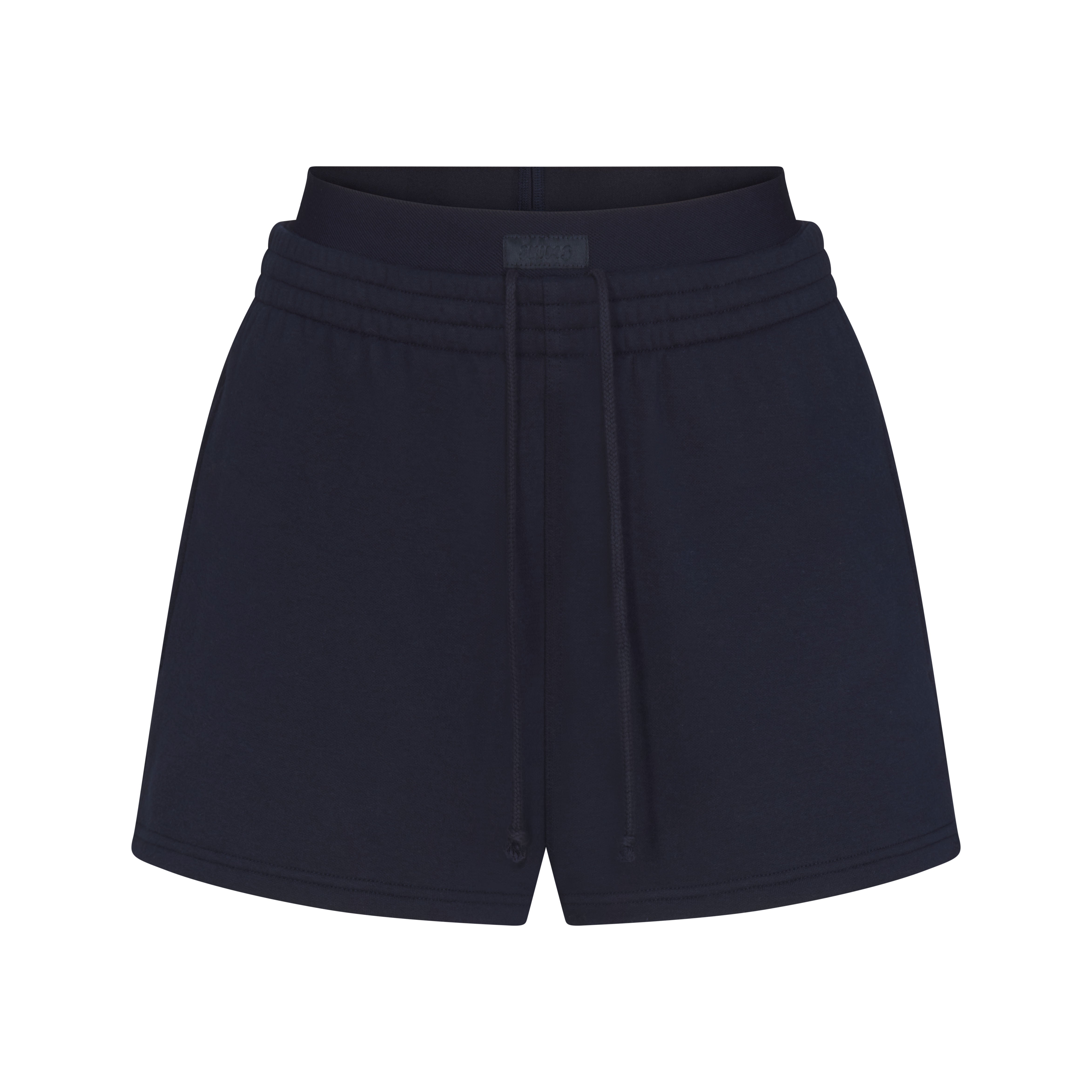 COTTON FLEECE DOUBLE WAISTBAND SHORT | NAVY & LAYS FLAT ON A WHITE BACKGROUND | FLT