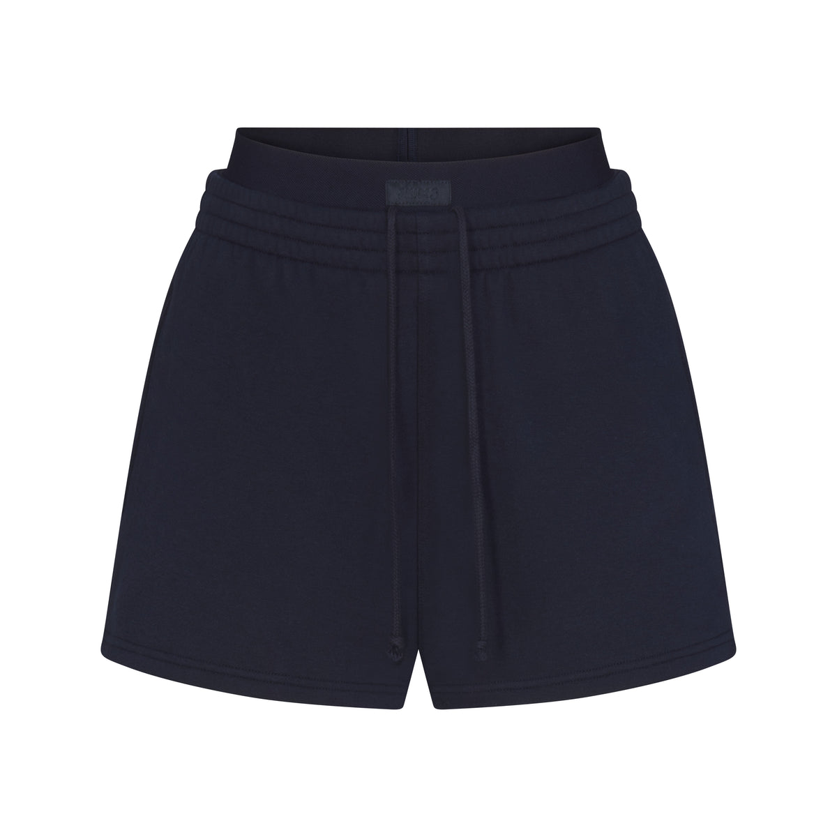 COTTON FLEECE DOUBLE WAISTBAND SHORT | NAVY & LAYS FLAT ON A WHITE BACKGROUND | FLT