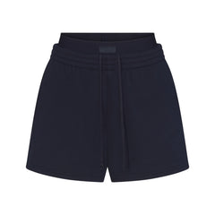 COTTON FLEECE DOUBLE WAISTBAND SHORT | NAVY & LAYS FLAT ON A WHITE BACKGROUND | FLT