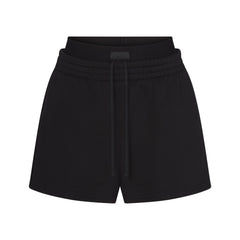 COTTON FLEECE OVERSIZED DOUBLE WAISTBAND SHORT | ONYX FLAT ON A WHITE BACKGROUND | FLT