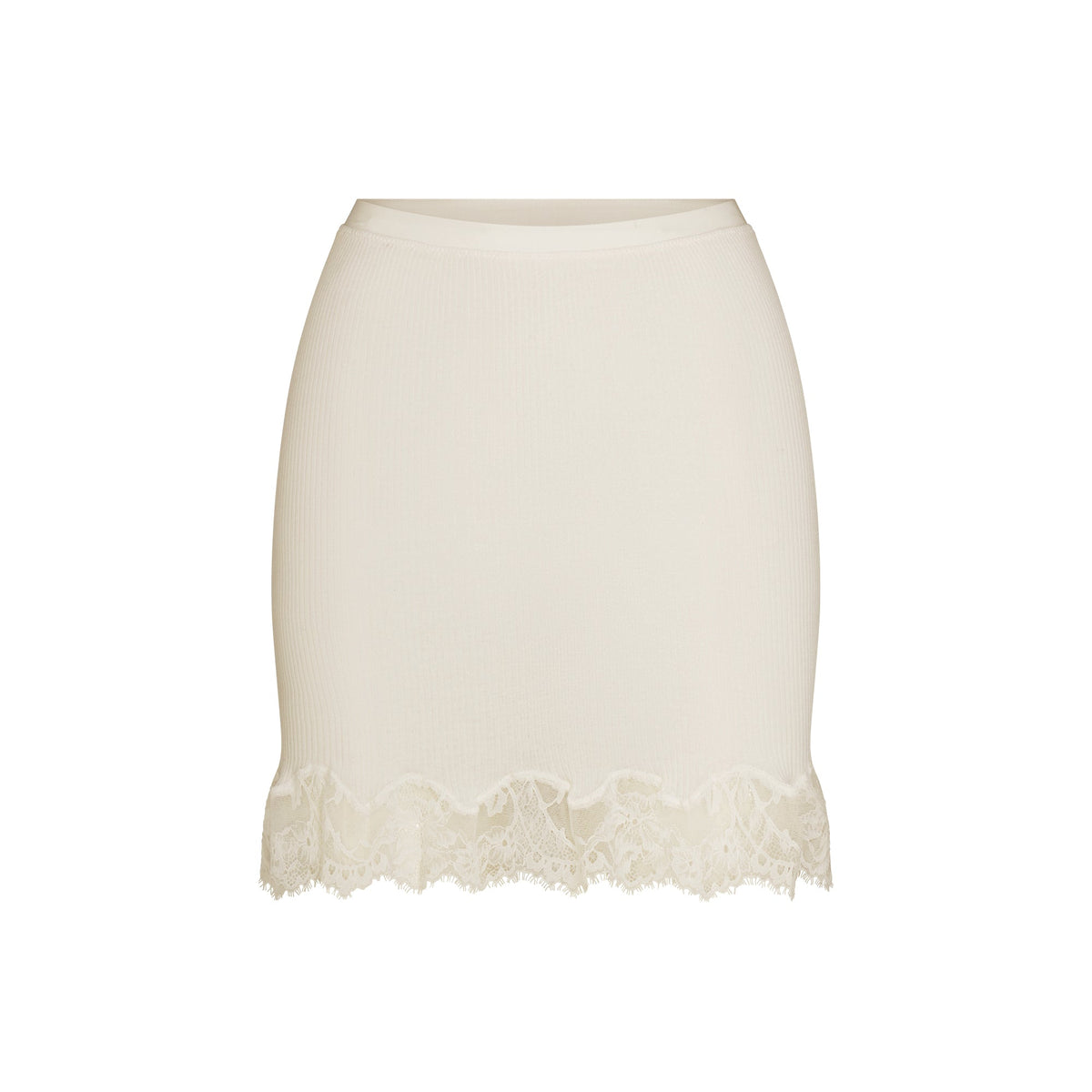 RIB KNIT LACE MINI SKIRT | EGRET FLAT ON A WHITE BACKGROUND | FLT