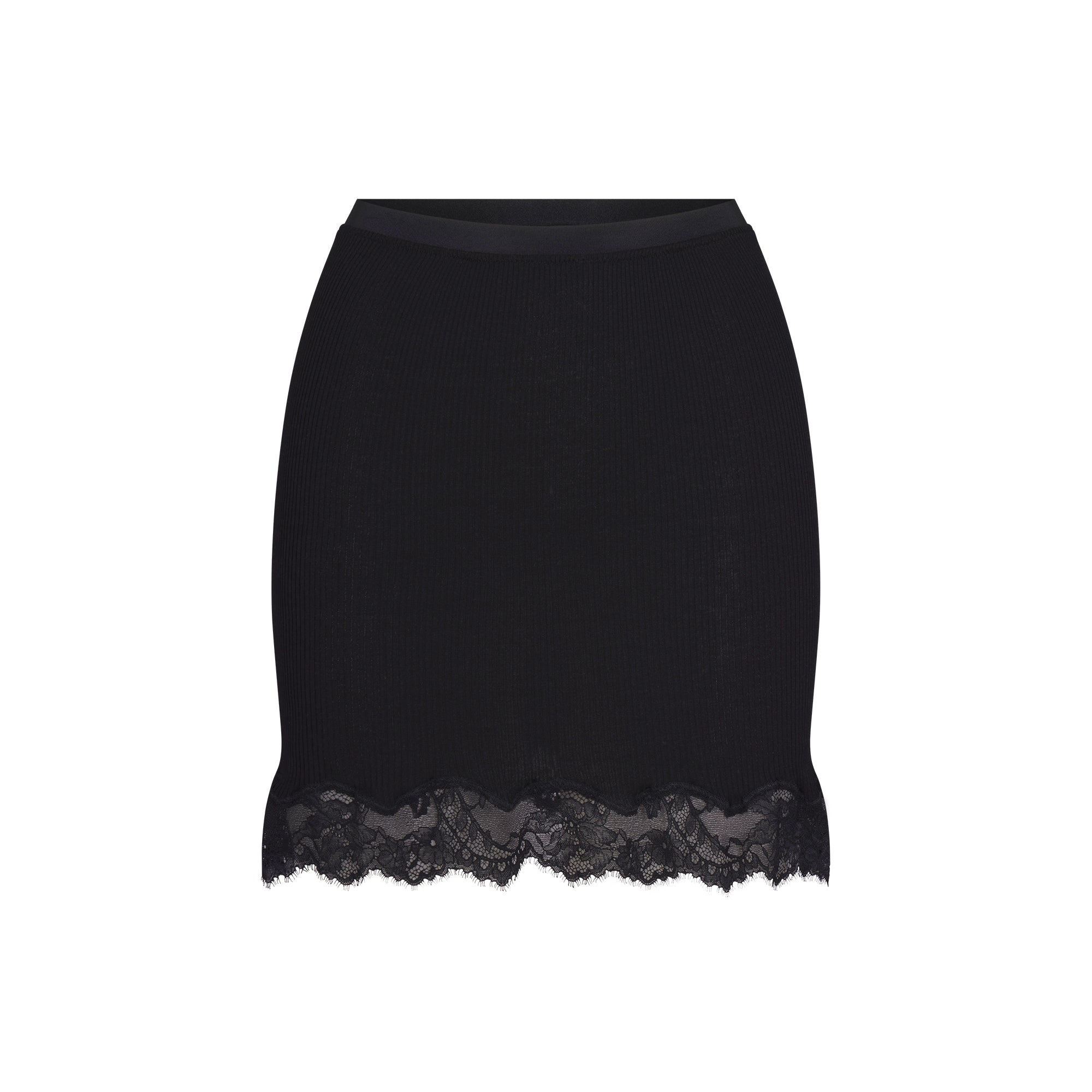 RIB KNIT LACE MINI SKIRT | OBSIDIAN FLAT ON A WHITE BACKGROUND | FLT