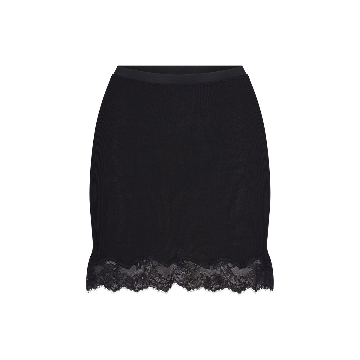 RIB KNIT LACE MINI SKIRT | OBSIDIAN FLAT ON A WHITE BACKGROUND | FLT