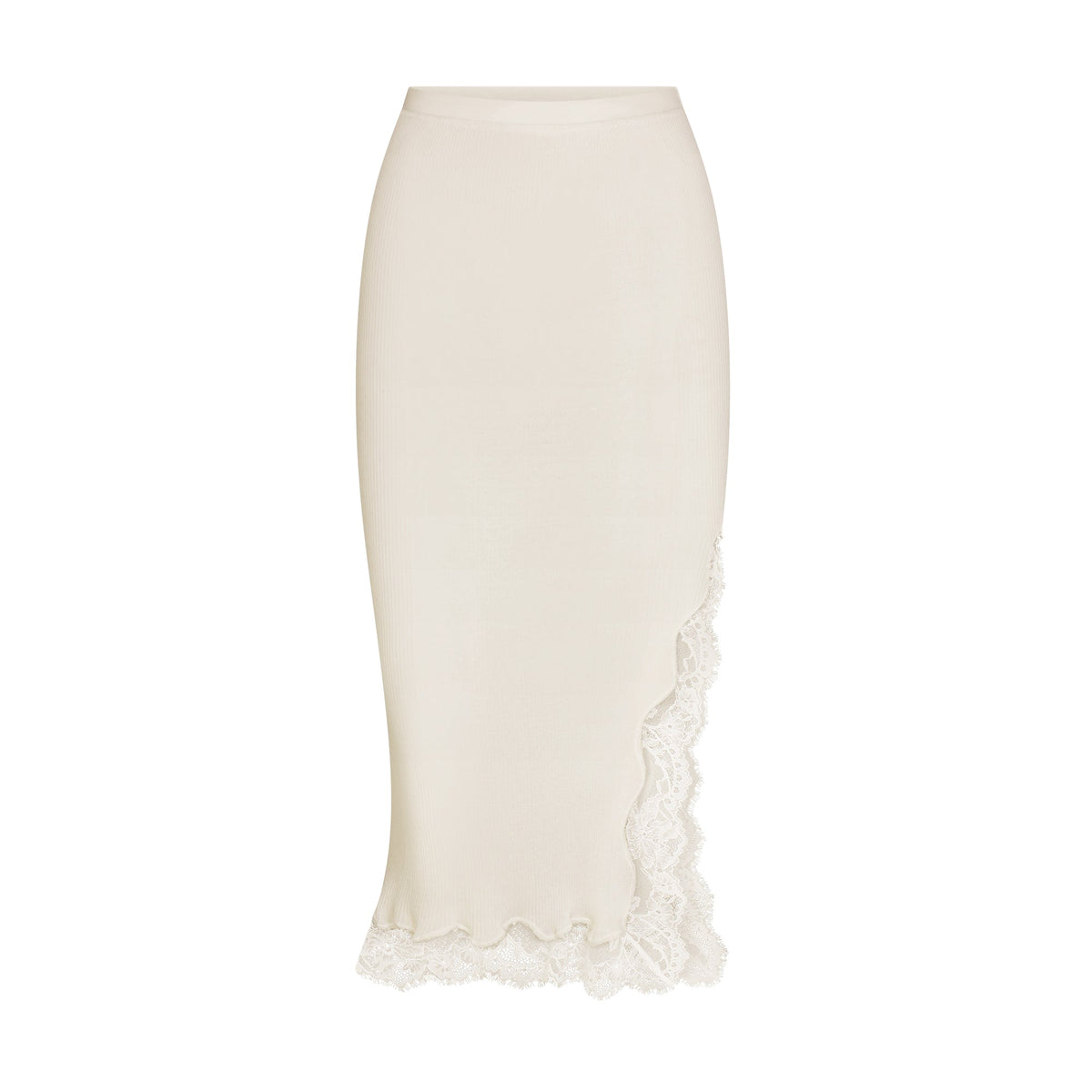 RIB KNIT LACE MIDI SKIRT | EGRET FLAT ON A WHITE BACKGROUND | FLT