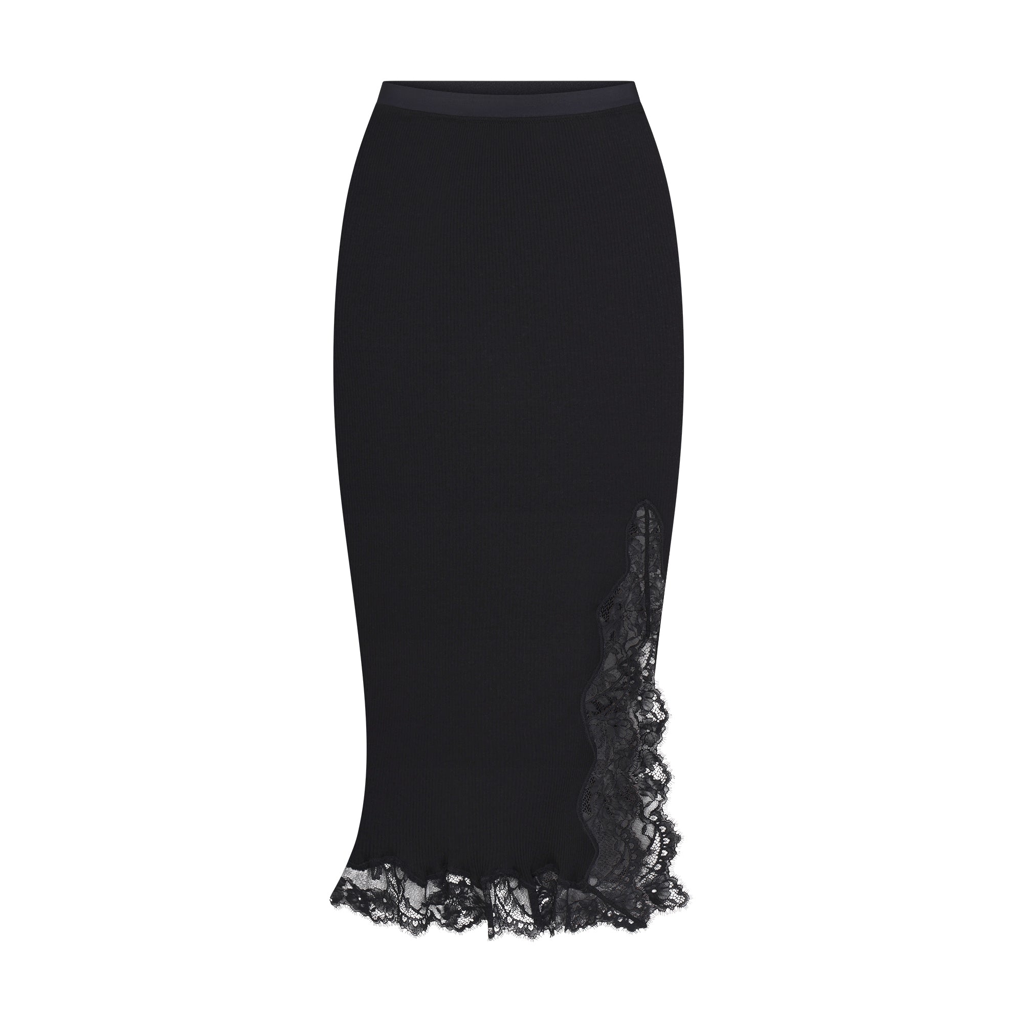 RIB KNIT LACE MIDI SKIRT | OBSIDIAN FLAT ON A WHITE BACKGROUND | FLT