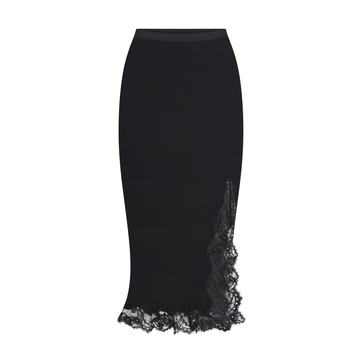 RIB KNIT LACE MIDI SKIRT | OBSIDIAN FLAT ON A WHITE BACKGROUND | FLT