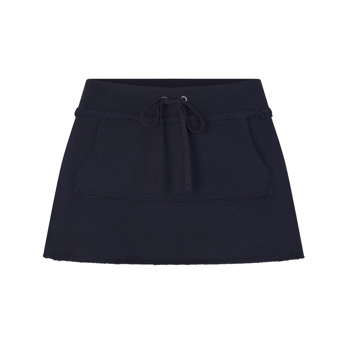 DRAPEY FRENCH TERRY MINI SKIRT | NAVY FLAT ON A WHITE BACKGROUND | FLT