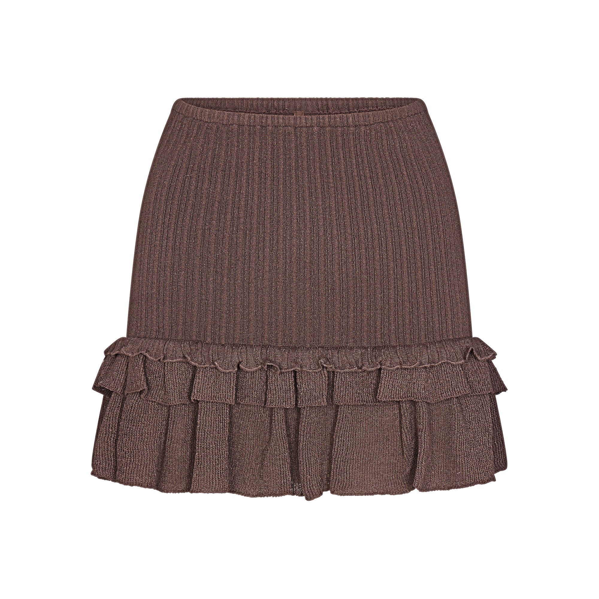 SHEER KNIT RUFFLE MINI SKIRT | AMETHYST FLAT ON A WHITE BACKGROUND | FLT