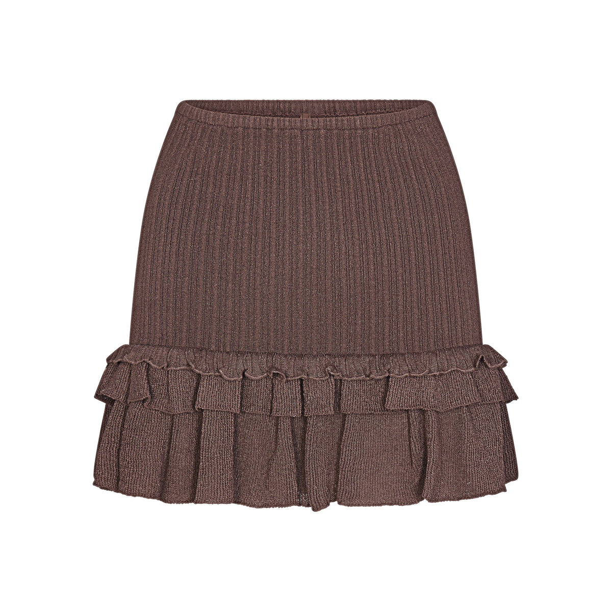 SHEER KNIT RUFFLE MINI SKIRT | AMETHYST FLAT ON A WHITE BACKGROUND | FLT
