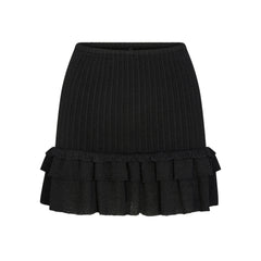 SHEER KNIT RUFFLE MINI SKIRT | ONYX FLAT ON A WHITE BACKGROUND | FLT
