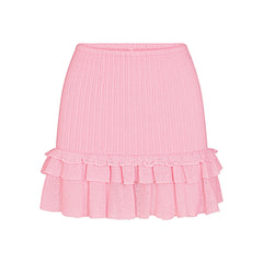 SHEER KNIT RUFFLE MINI SKIRT | PEONY FLAT ON A WHITE BACKGROUND | FLT