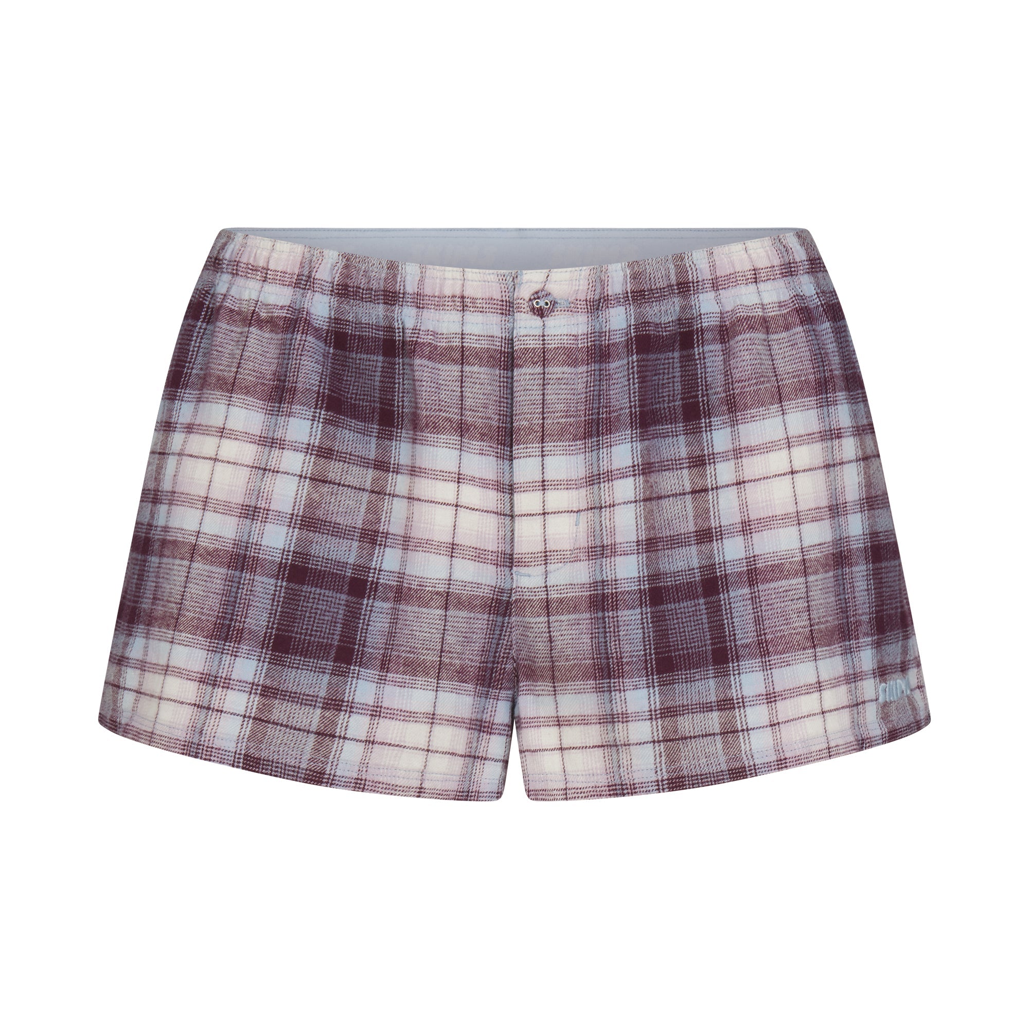 FLANNEL SLEEP CHEEKY BOXER | IRIS MICA PLAID & LAYS FLAT ON A WHITE BACKGROUND | FLT