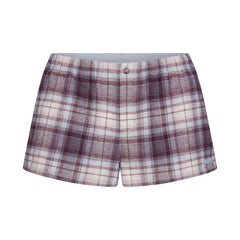 FLANNEL SLEEP CHEEKY BOXER | IRIS MICA PLAID & LAYS FLAT ON A WHITE BACKGROUND | FLT