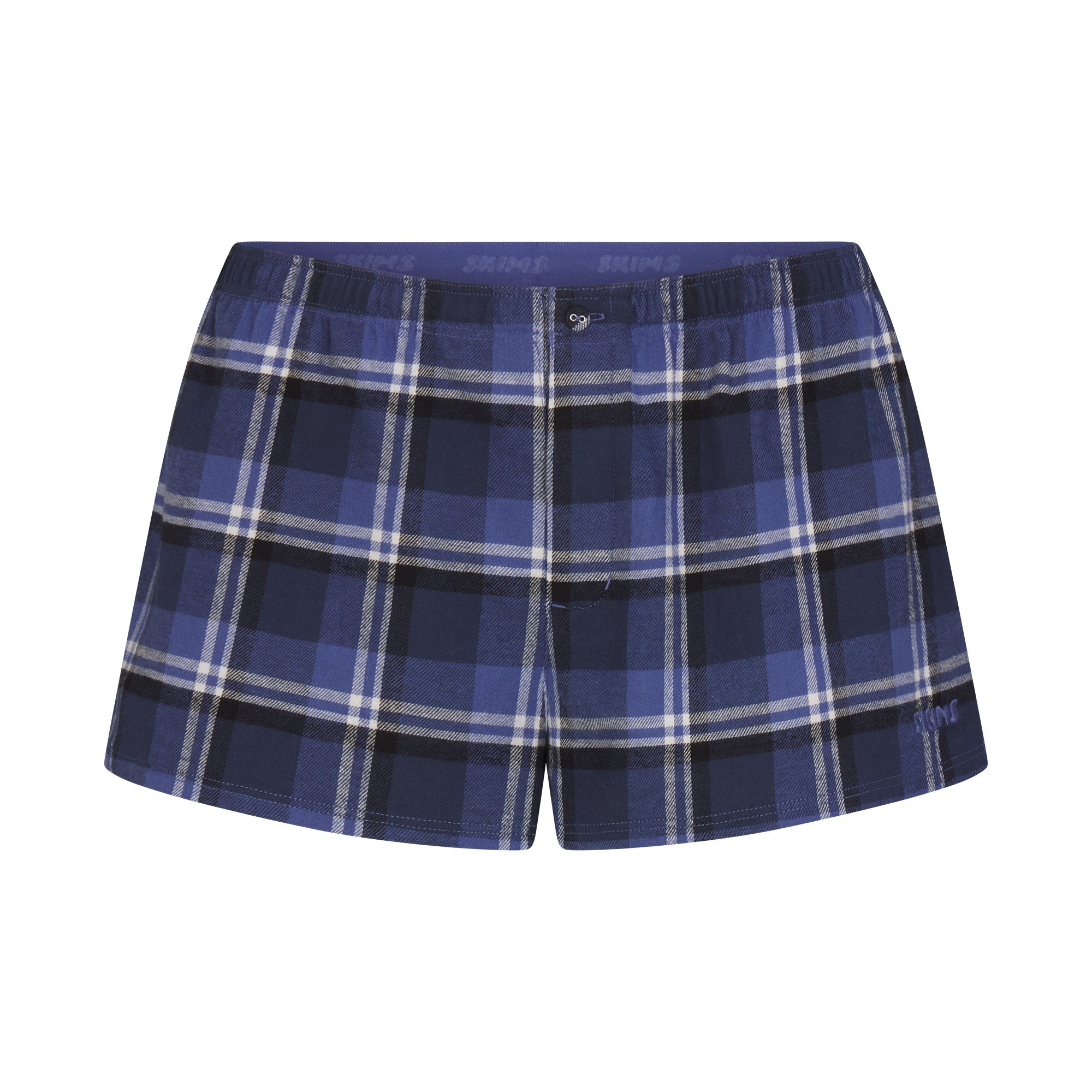 FLANNEL SLEEP CHEEKY BOXER | INDIGO OUTDOOR PLAID & LAYS FLAT ON A WHITE BACKGROUND | FLT