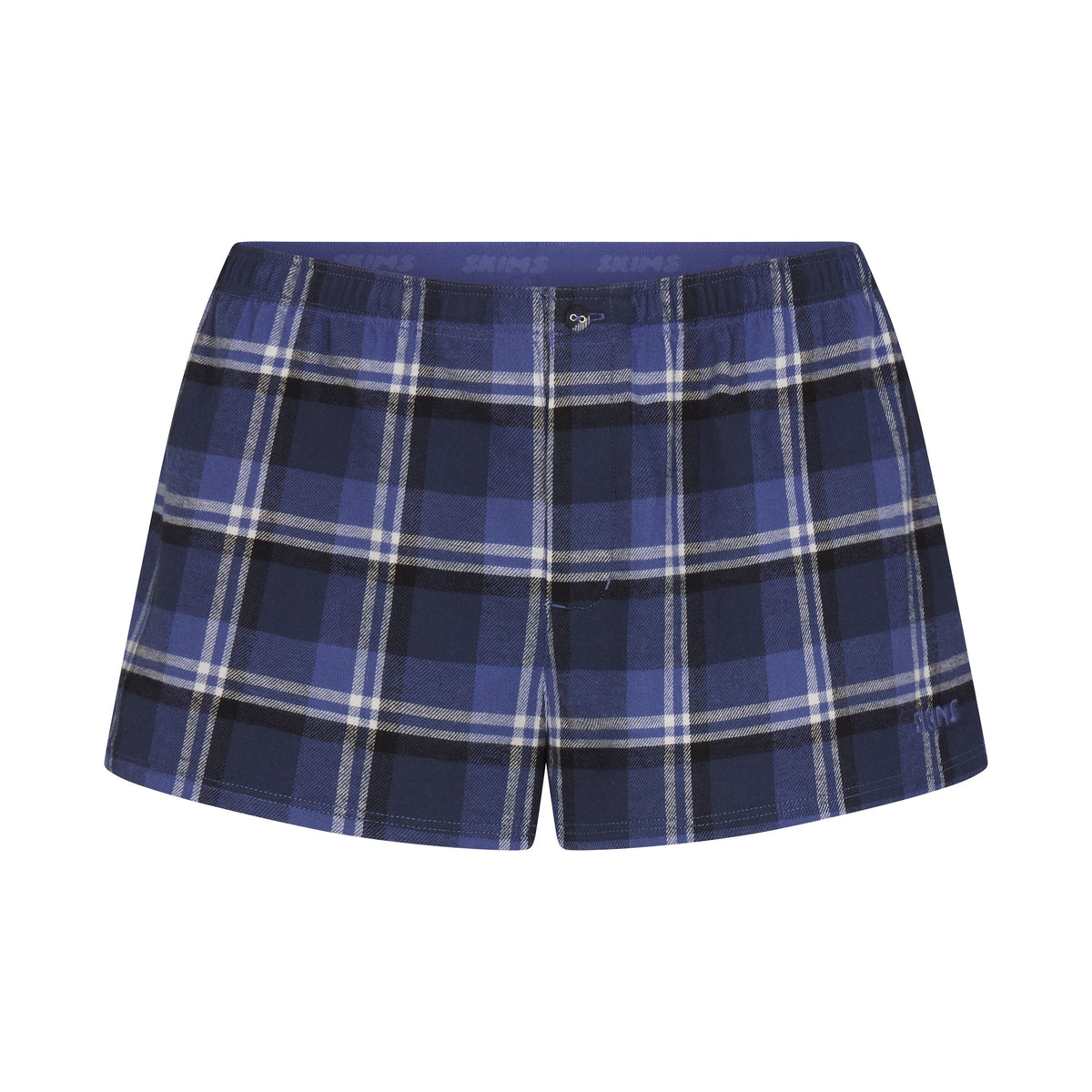 FLANNEL SLEEP CHEEKY BOXER | INDIGO OUTDOOR PLAID & LAYS FLAT ON A WHITE BACKGROUND | FLT
