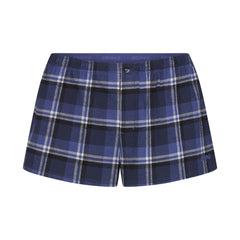 FLANNEL SLEEP CHEEKY BOXER | INDIGO OUTDOOR PLAID & LAYS FLAT ON A WHITE BACKGROUND | FLT