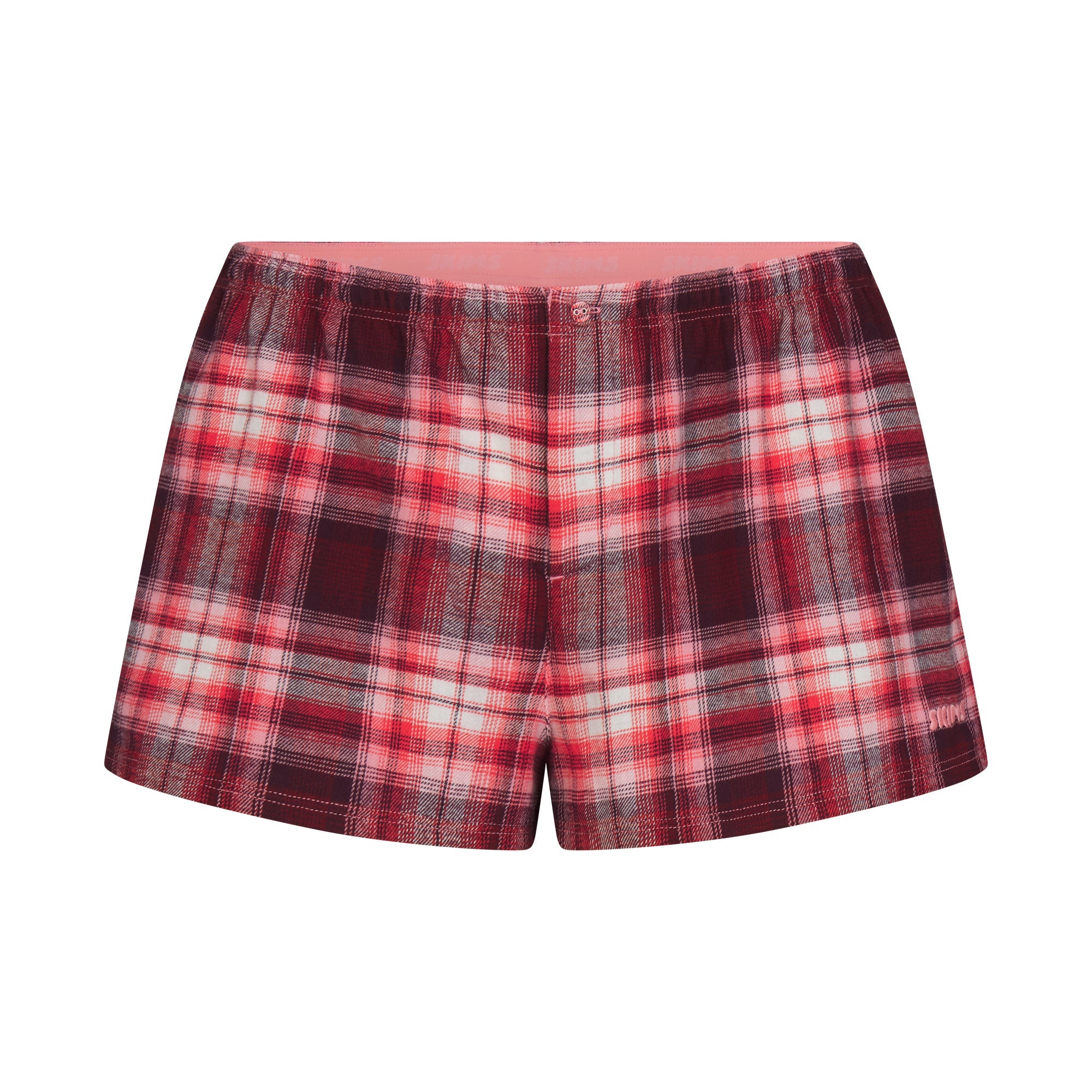 FLANNEL SLEEP CHEEKY BOXER | ULTRA PINK SANGRIA PLAID & LAYS FLAT ON A WHITE BACKGROUND | FLT