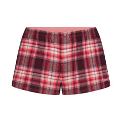 FLANNEL SLEEP CHEEKY BOXER | ULTRA PINK SANGRIA PLAID & LAYS FLAT ON A WHITE BACKGROUND | FLT