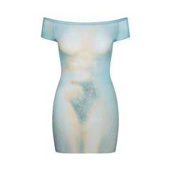 MESH COVER-UPS MINI DRESS | CYAN FK BODY PRINT LAYS FLAT ON A WHITE BACKGROUND | FLT 
