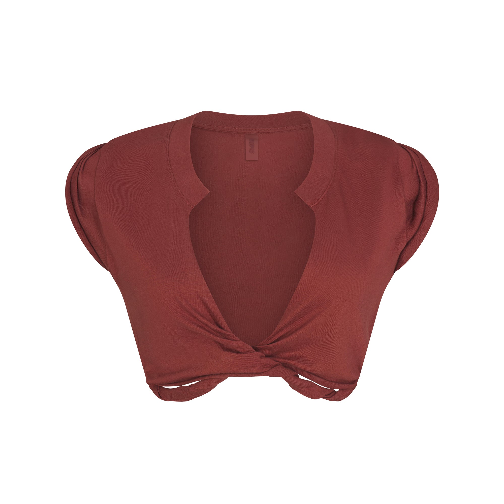 COTTON JERSEY COVER-UPS PLUNGE TWIST TOP | HENNA LAYS FLAT ON A WHITE BACKGROUND | FLT